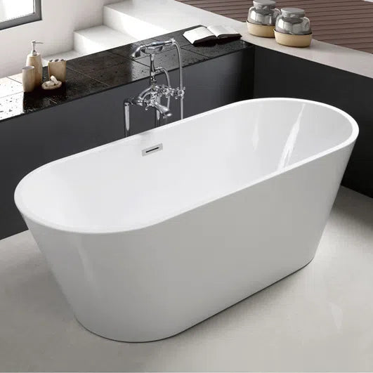 59" Acrylic Freestanding Bathtub-Acrylic Soaking Tubs, White Bathtub, Oval Shape Black Freestanding Bathtub With Chrome Overflow and Pop Up Drain - Home Decor by Design