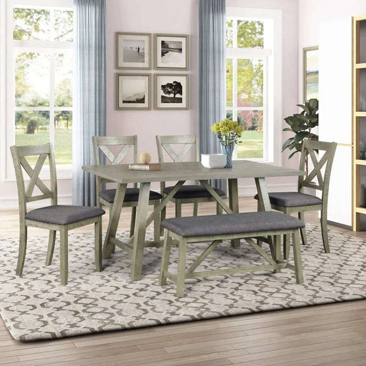 6 Piece Dining Table Set Wood Dining Table and chair Kitchen Table Set with Table;  Bench and 4 Chairs;  Rustic Style; White+Gray Home Decor by Design