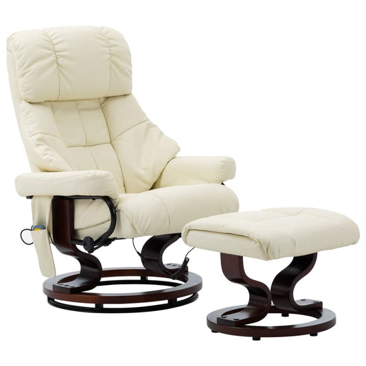 Massage Recliner with Ottoman Cream Faux Leather and Bentwood Home Decor by Design