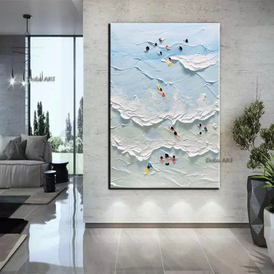 Handmade The Beach Joys Ocean Surfing Art Hand Painted Extra Large Heavy Textured 3D Minimalist Swimming Art Abstract Oil Painting Contemporary Art