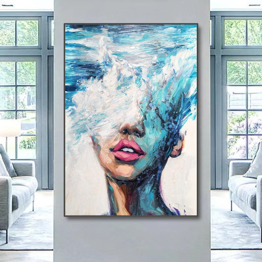Hand Painted Oil Painting Abstract Portrait Wall Art Hand painted-Nordic Light Blue Girl Oil Paintings On Canvas-Hand Made-For Home Decoration