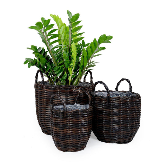 3-Pack Wicker Multi-purposes Basket with Handle - Planter Basket - Espresso