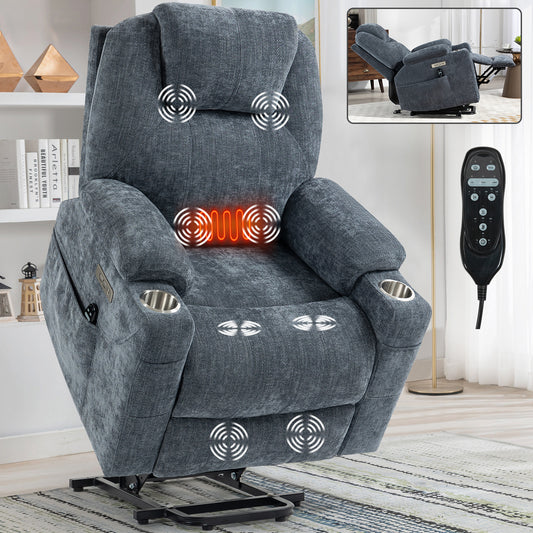 Okin motor Up to 350 LBS Chenille Power Lift Recliner Chair, Heavy Duty Motion Mechanism with 8-Point Vibration Massage and Lumbar Heating, USB and Type-C Ports, Stainless Steel Cup Holders, Blue