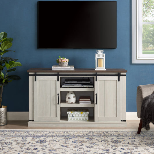 Classic Farmhouse Media TV Stand Transitional Entertainment Console for TV Up to 60" with Sliding Doors and Open Storage Space, Light Gray, 54.5"W*15.75"D*30.5"H - Home Decor by Design