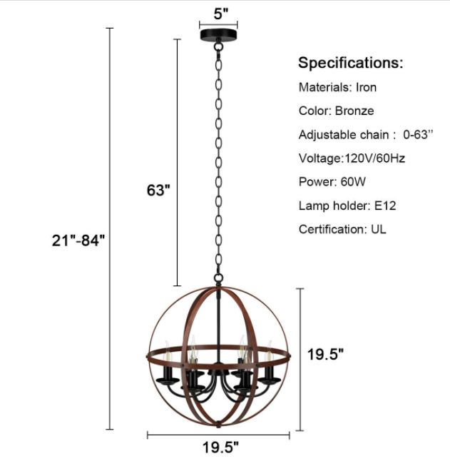 6-Light Orb Chandelier Rustic Vintage Ceiling Lamp Home Decor by Design