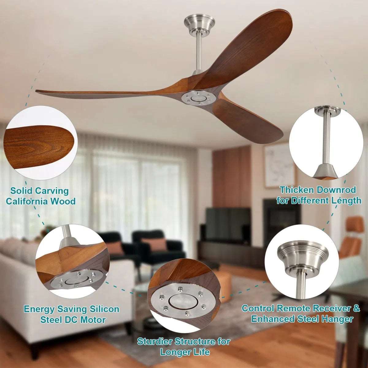 60 Inch Indoor Modern Ceiling Fan With 6 Speed Remote Control 3 Solid Wood Blade For Living Room Home Decor by Design