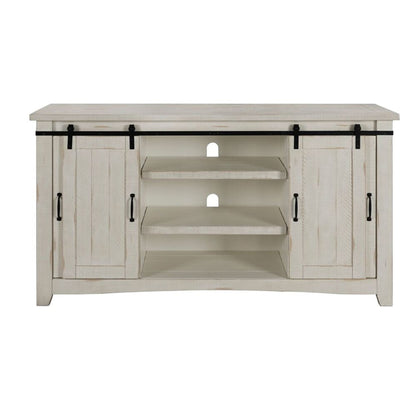 65 Inch Wooden TV Stand with 2 Open Shelves, Antique White and Black Home Decor by Design