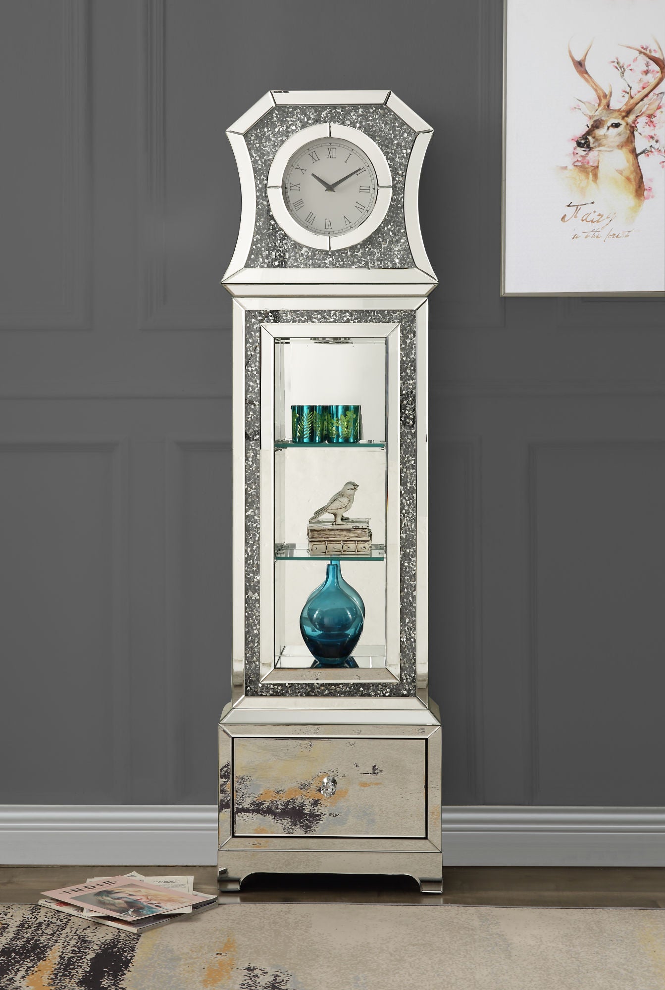 ACME Noralie GRANDFATHER CLOCK W/LED Mirrored & Faux Diamonds AC00350 Home Decor by Design
