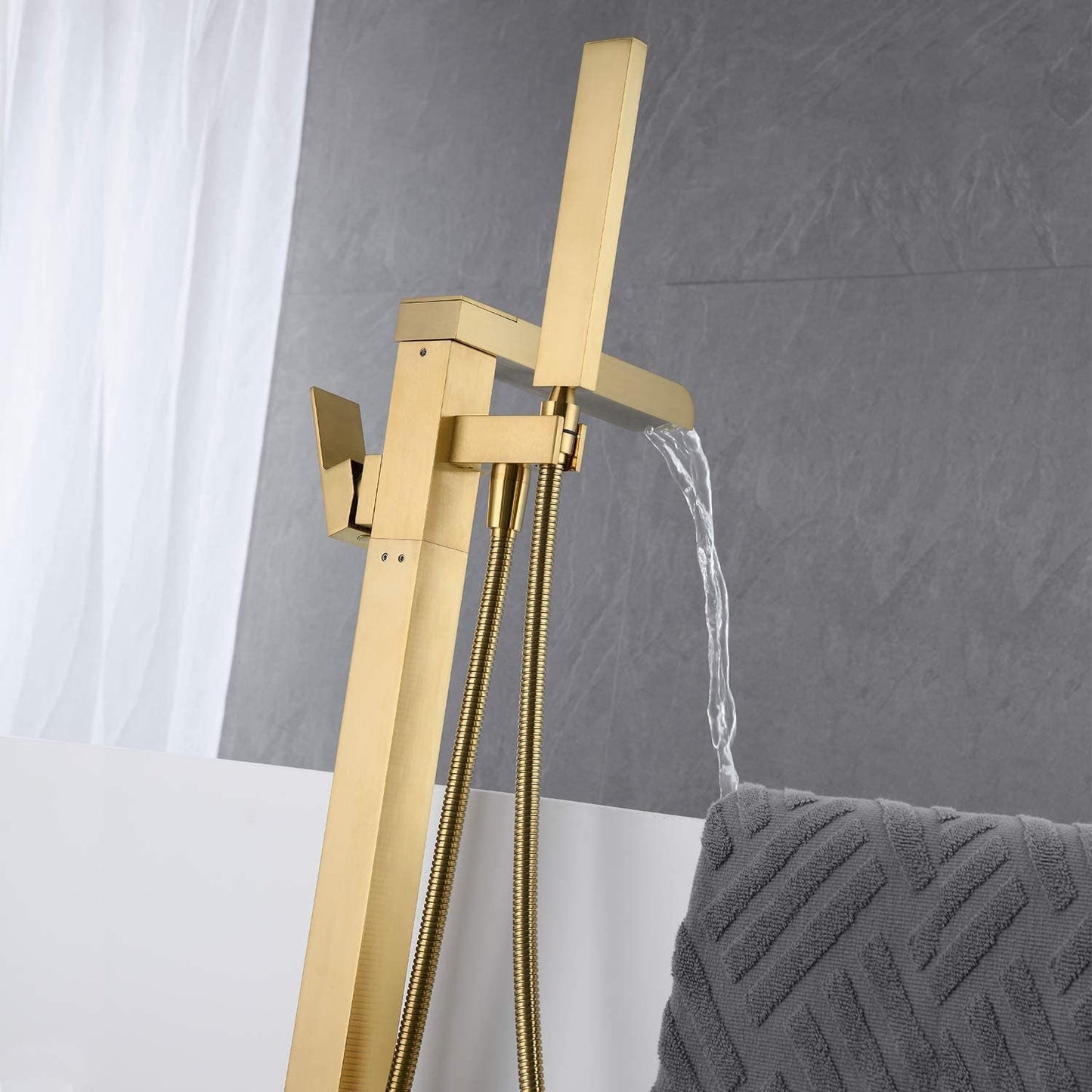 Bathroom Freestanding Waterfall Tub filler Brushed Gold Floor Mount Faucet with Hand Shower Home Decor by Design