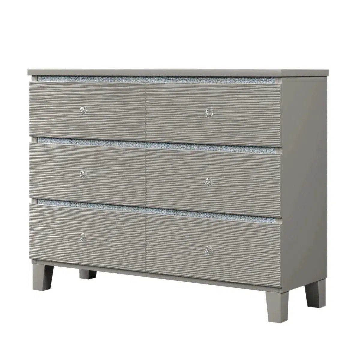 Champagne Silver Rubber Wood Dresser with 6 Drawers Metal Slides Crystal Handle Home Decor by Design