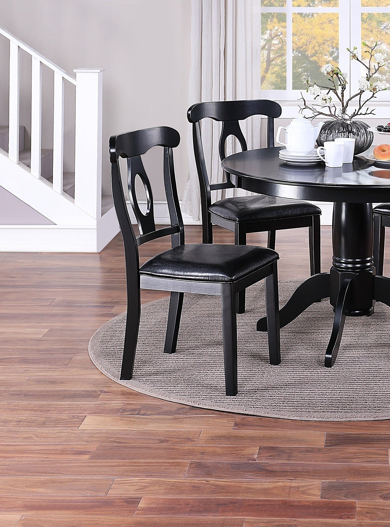 Classic Design Dining Room 5pc Set Round Table 4x side Chairs Cushion Fabric Upholstery Seat Rubberwood Black Color Furniture Home Decor by Design