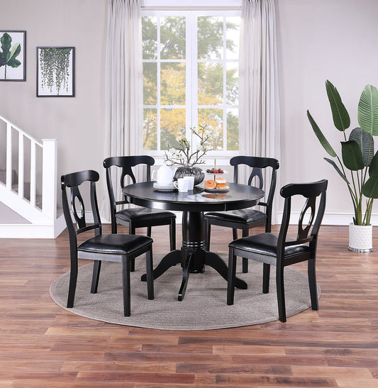 Classic Design Dining Room 5pc Set Round Table 4x side Chairs Cushion Fabric Upholstery Seat Rubberwood Black Color Furniture Home Decor by Design