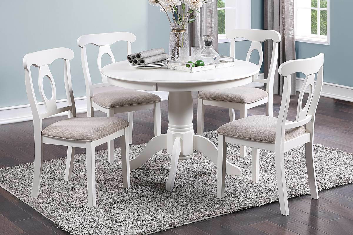 Classic Design Dining Room 5pc Set Round Table 4x side Chairs Cushion Fabric Upholstery Seat Rubberwood Furniture Home Decor by Design