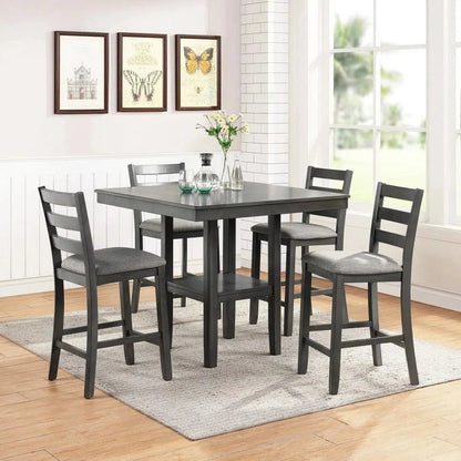Classic Dining Room Furniture Gray Finish Counter Height 5pc Set Square Dining Table w Shelves Cushion Seat Ladder Back High Chairs Solid wood Home Decor by Design