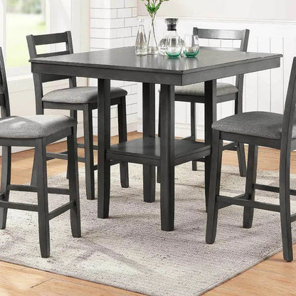 Classic Dining Room Furniture Gray Finish Counter Height 5pc Set Square Dining Table w Shelves Cushion Seat Ladder Back High Chairs Solid wood Home Decor by Design