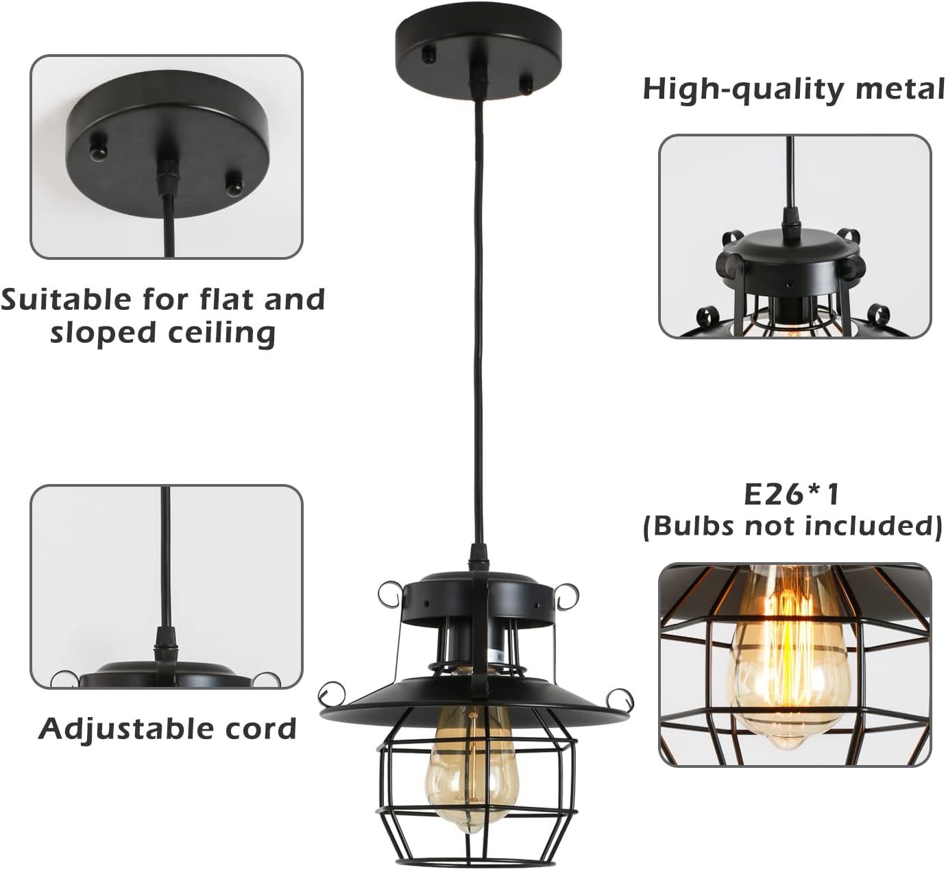 DGY Vintage Farmhouse Pendant Light Rustic Metal Caged Pendant Lights Black Cage Hanging Lamp for Kitchen Island Entryway Bedrooms Living Room Barn,Adjustable Height E26 Bulb(1 Light) Home Decor by Design