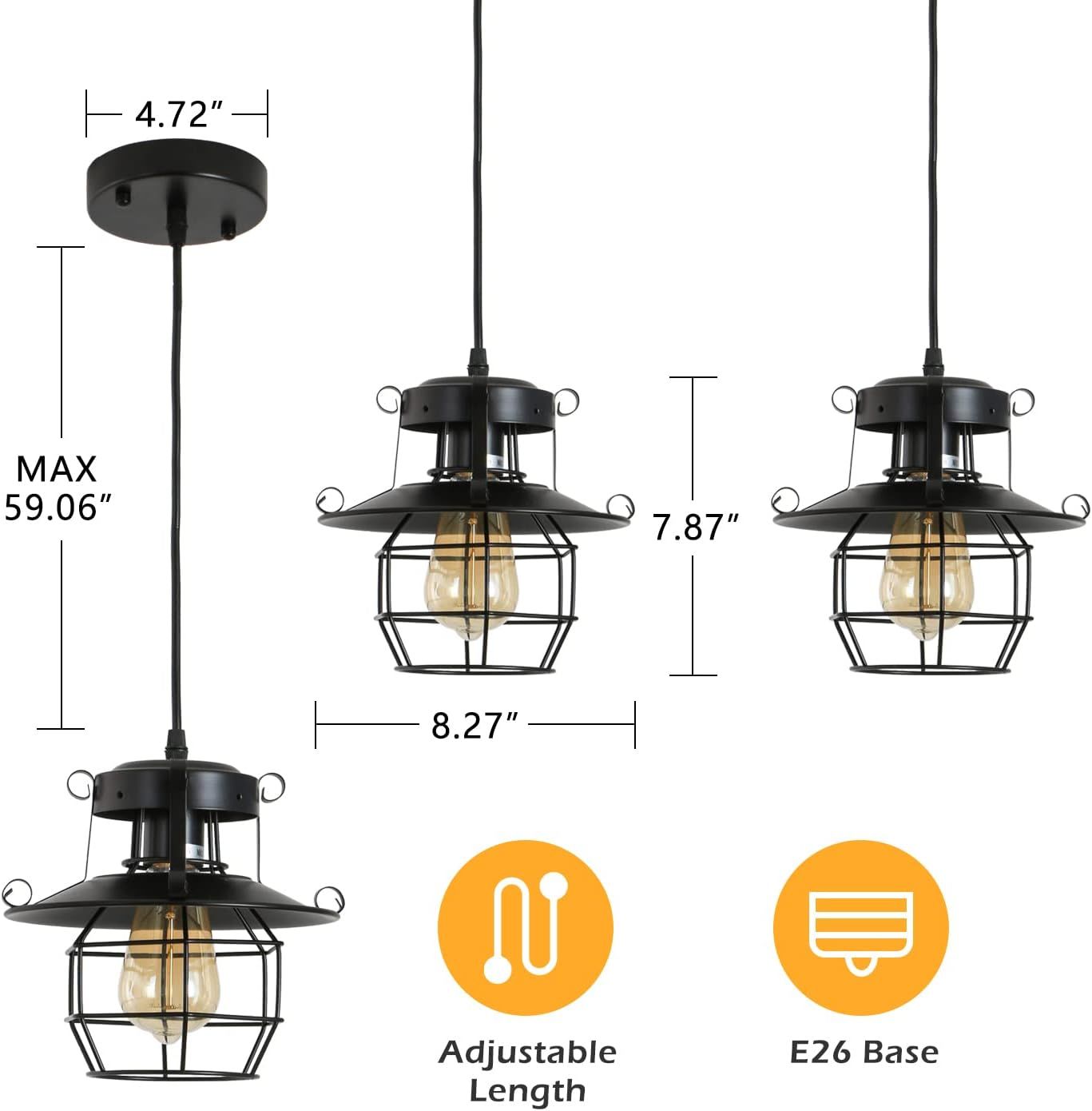 DGY Vintage Farmhouse Pendant Light Rustic Metal Caged Pendant Lights Black Cage Hanging Lamp for Kitchen Island Entryway Bedrooms Living Room Barn,Adjustable Height E26 Bulb(1 Light) Home Decor by Design