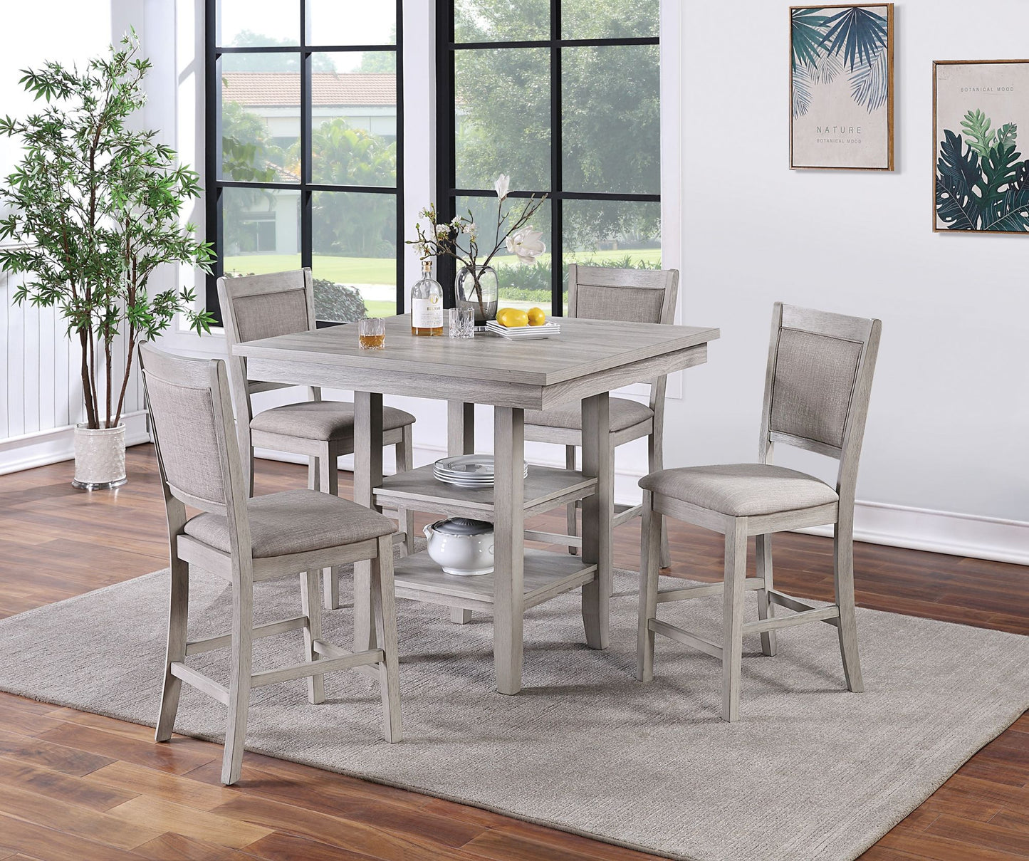 Dining Room Furniture Counter Height 5pc Set Square Table w Shelves Cushion Chairs Modern Contemporary Style Home Decor by Design