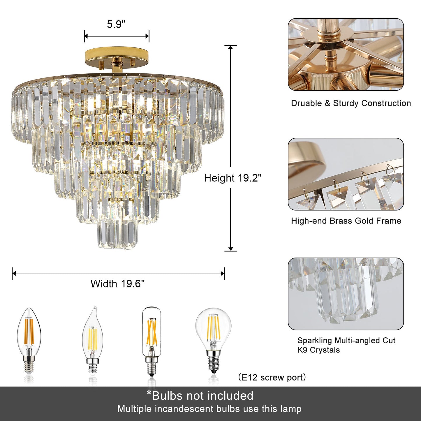 Gold Crystal Chandeliers,5-Tier Round Semi Flush Mount Chandelier Light Fixture,Large Contemporary Luxury Ceiling Lighting for Living Room Dining Room Bedroom Hallway Home Decor by Design