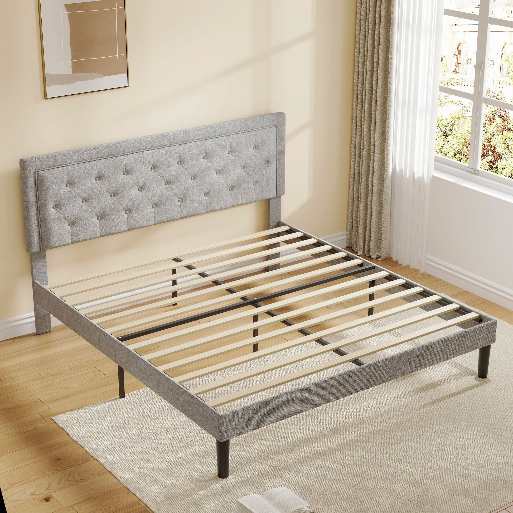 Light Grey Bed Frame with Adjustable Border Headboard Queen Size Home Decor by Design