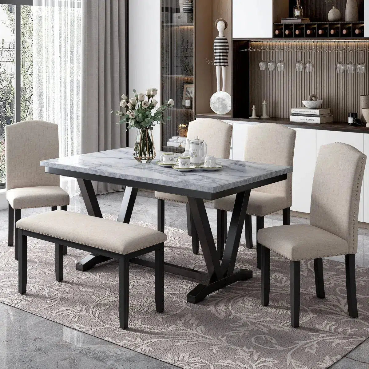 Modern Style 6-piece Dining Table with 4 Chairs & 1 Bench, Table with Marbled Veneers Tabletop and V-shaped Table Legs Home Decor by Design
