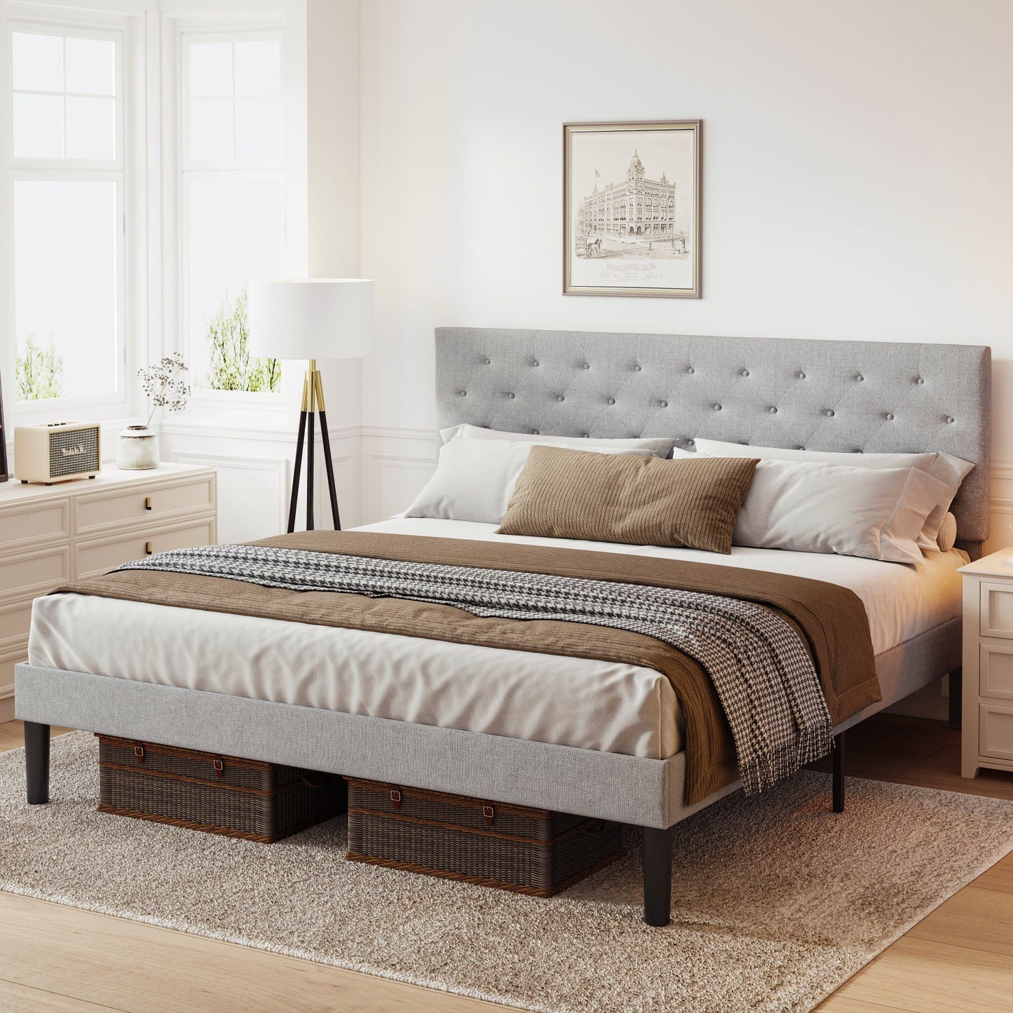 Simple Queen Size Grey Bed frame, Adjustable Headboard Home Decor by Design
