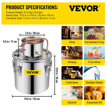 VEVOR Alcohol Still 8Gal 30L Stainless Steel Water Alcohol Distiller Copper Tube Home Brewing Kit Build-in Thermometer for DIY Whisky Wine Brandy Home Decor by Design