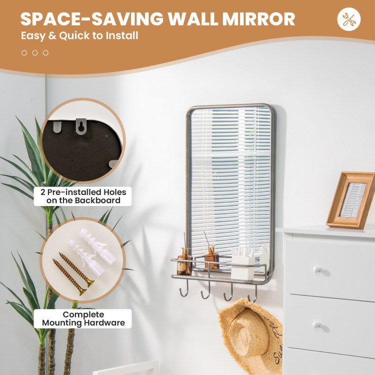 Wall Bathroom Mirror with Shelf Hooks Sturdy Metal Frame for Bedroom Living Room Home Decor by Design
