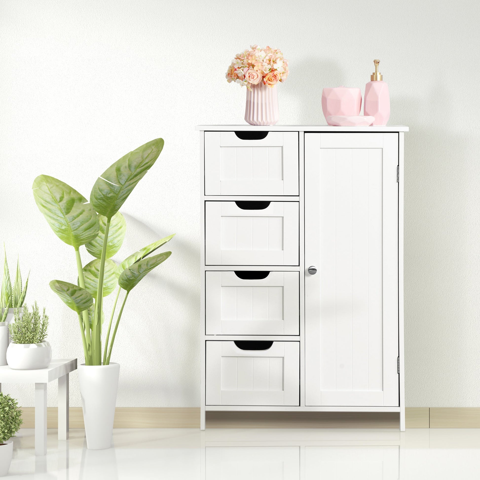 White Bathroom Storage Cabinet, Floor Cabinet with Adjustable Shelf and Drawers Home Decor by Design