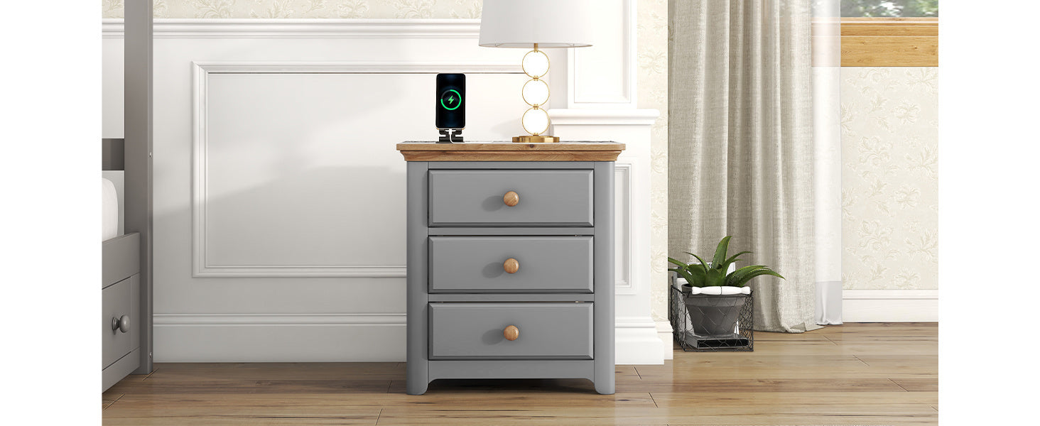 Wooden Nightstand with USB Charging Ports and Three Drawers,End Table for Bedroom,Gray+Natrual Home Decor by Design