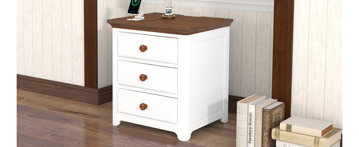 Wooden Nightstand with USB Charging Ports and Three Drawers,End Table for Bedroom,White+Walnut Home Decor by Design