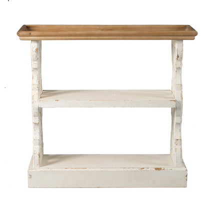35.5" x 14" x 32" Distressed White and Natural Wood Shelf Tray, French Country Console Table