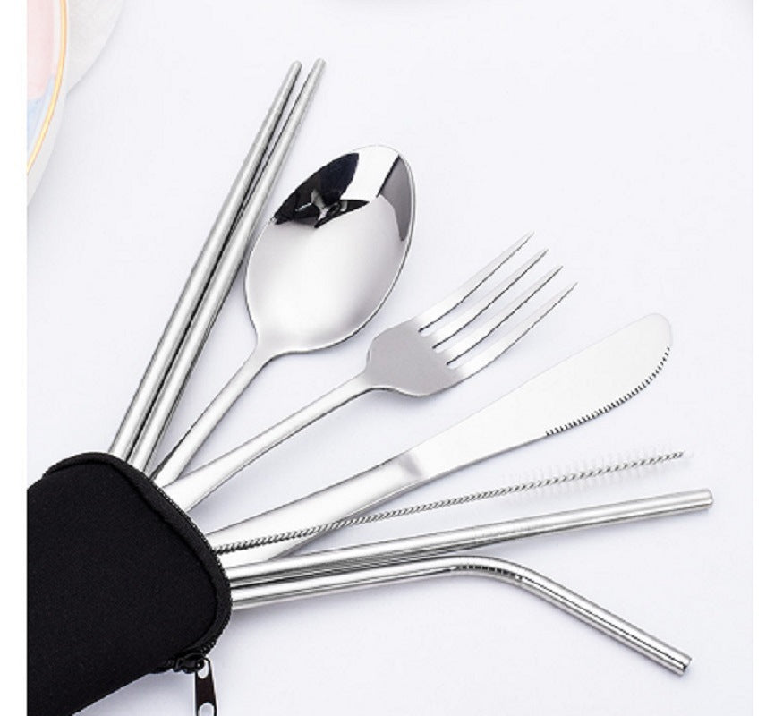 8 Pieces Travel Flatware Set, Portable Stainless Steel Utensils Set, Knife Fork Spoon Chopsticks Straw with Zipper Case