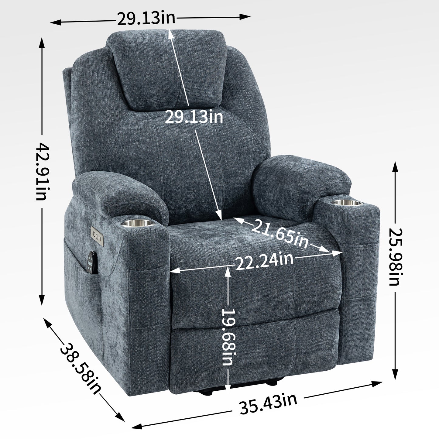 Okin motor Up to 350 LBS Chenille Power Lift Recliner Chair, Heavy Duty Motion Mechanism with 8-Point Vibration Massage and Lumbar Heating, USB and Type-C Ports, Stainless Steel Cup Holders, Blue