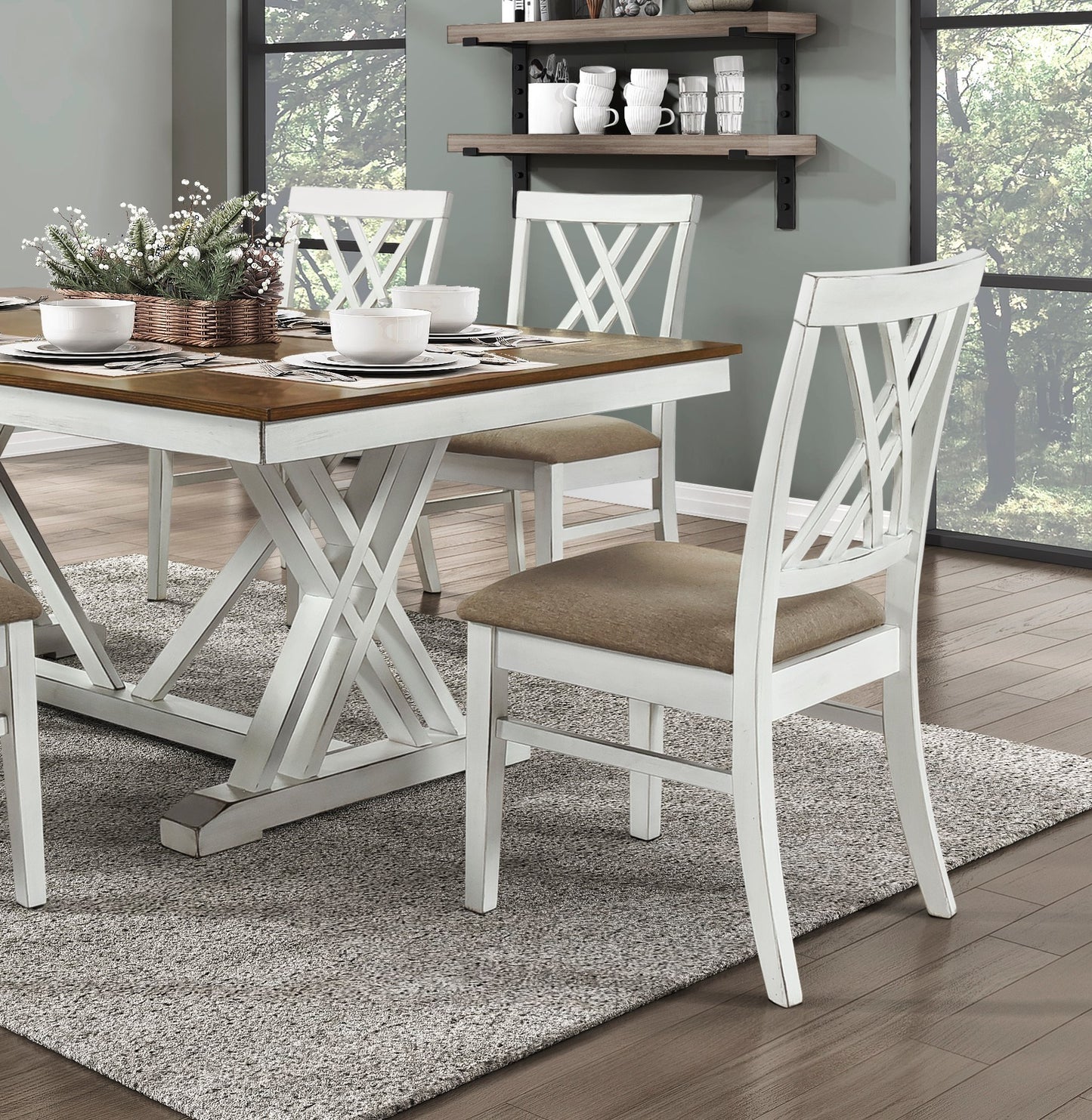 Modern Style White and Oak Finish 7pc Dining Set Table w Extension Leaf 6x Side Chairs Upholstered Seat Charming Traditional Dining Room Furniture