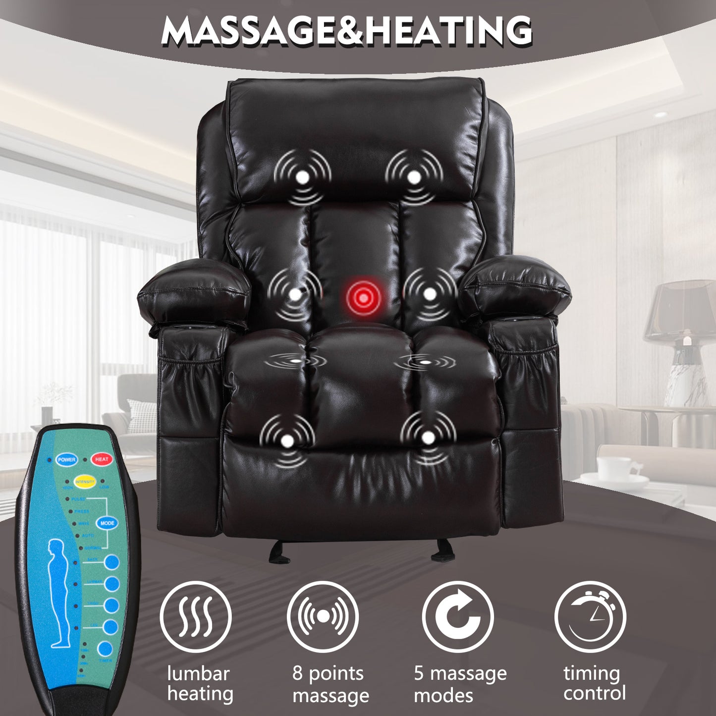 Recliner Chair Heating massage for Living Room with Rocking Function and Side Pocket(BROWN)