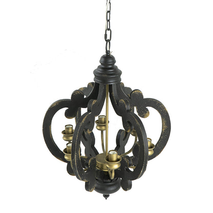 French Country Wood Chandelier, 6-Light Farmhouse Pendant Light Fixture with 28" Adjustable Chain for Kitchen Foyer Hallway, Bulb Not Included