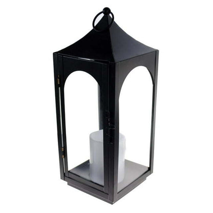 S4O 12" Metal Hanging Lantern with Glass + LED Candle Table Home Festival Decor / Black