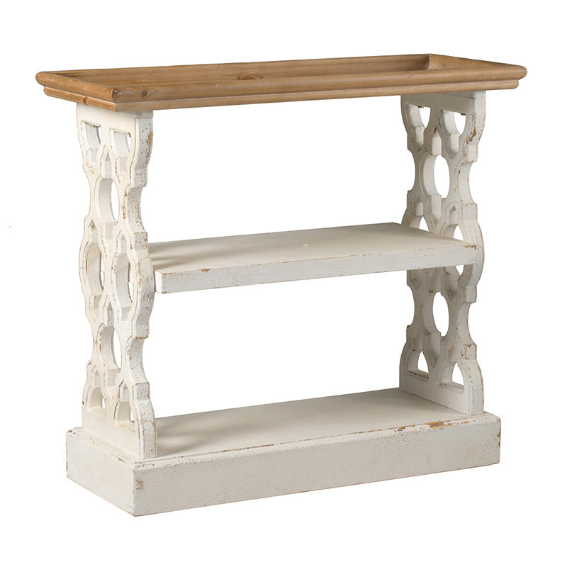 35.5" x 14" x 32" Distressed White and Natural Wood Shelf Tray, French Country Console Table