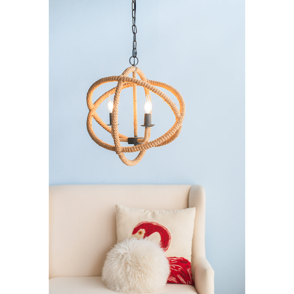 3- Light Farmhouse Chandelier, Rope Chandelier Globe Hanging Light Fixture with with Adjustable Chain for Kitchen Dining Room Foyer Entryway, Bulb Not Included