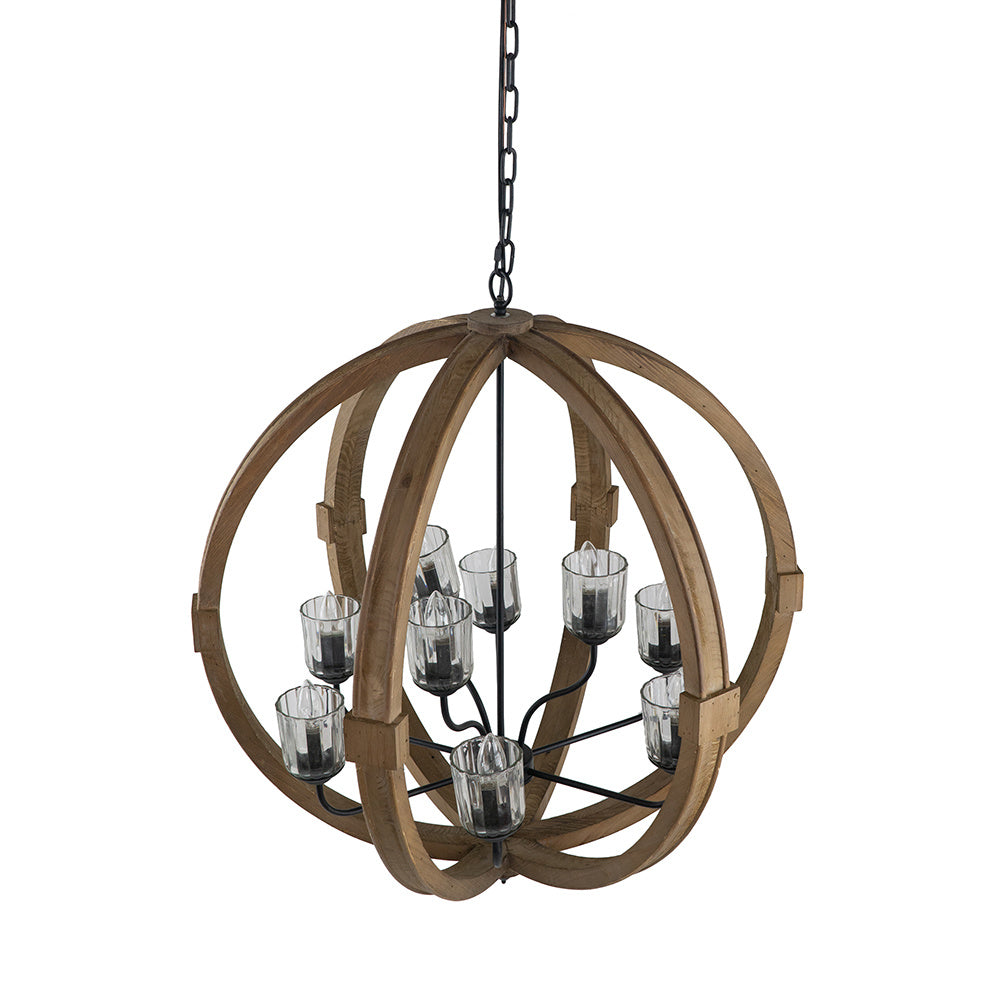 9- Light Globe Chandelier, Wood Chandelier Hanging Light Fixture with Adjustable Chain for Kitchen Dining Room Foyer Entryway, Bulb Not Included