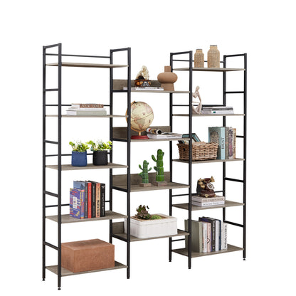 Triple Wide 5-shelf Bookshelves Industrial Retro Wooden Style Home and Office Large Open Bookshelves, Grey, 69.3"W x 11.8"D x 70.1"H - Home Decor by Design