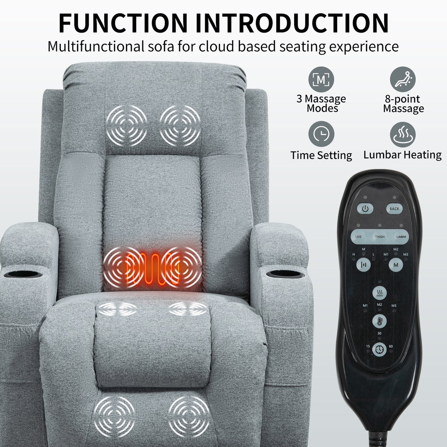 Infinite Position Okin Motor Up to 350 LBS Power Lift Recliner Chair for Elderly, Heavy Duty Motion Mechanism with 8-Point Vibration Massage and Lumbar Heating, USB Charging Port, Cup Holders, Grey