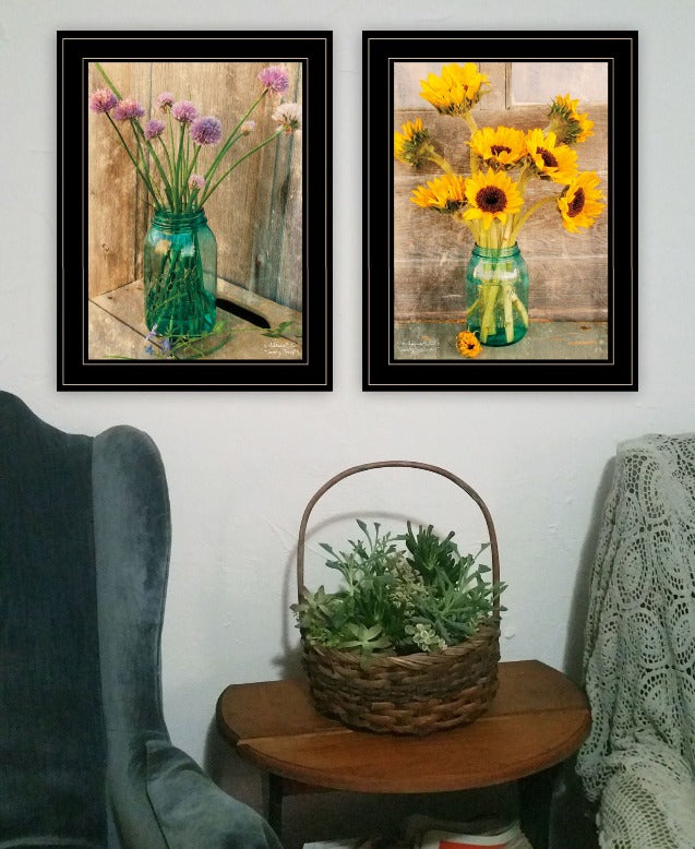 "Country Sunflowers & Chives" 2-Piece Vignette by Anthony Smith, Ready to Hang Framed Print, Black Frame