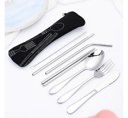 8 Pieces Travel Flatware Set, Portable Stainless Steel Utensils Set, Knife Fork Spoon Chopsticks Straw with Zipper Case