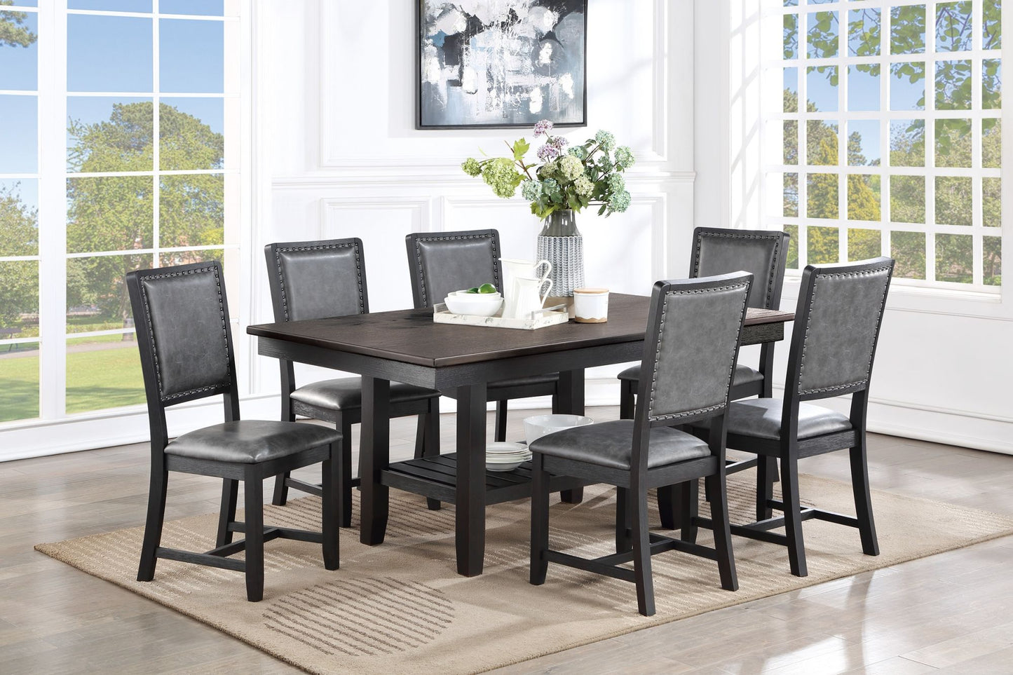 Contemporary Dining Room 7pc Set Grey Finish PU Dining Table w Shelf and 6x Side Chairs Fabric Upholstered seats Back Chairs