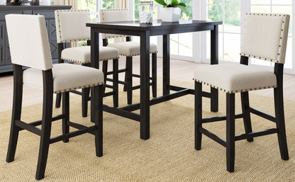 5 Piece Rustic Wooden Counter Height Dining Table Set with 4 Upholstered Chairs for Small Places;  Espresso+ Beige