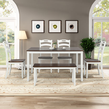6 Piece Dining Table Set with Bench, Table Set with Waterproof Coat, Ivory and Cherry