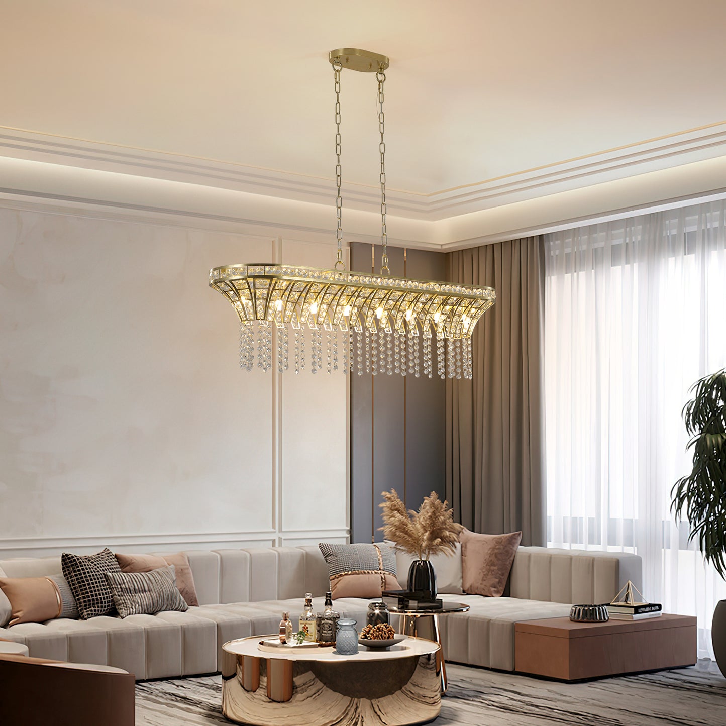 Modern Champagne Gold Kitchen Island Light - Oval Crystal ceiling chandelier