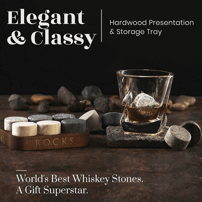 Whiskey Chilling Stones Kentucky Bourbon Barrel Aged Coffee Gift set 6 handcrafted premium granite round rocks-hardwood storage tray a gourmet tasting discovery for whiskey coffee lovers